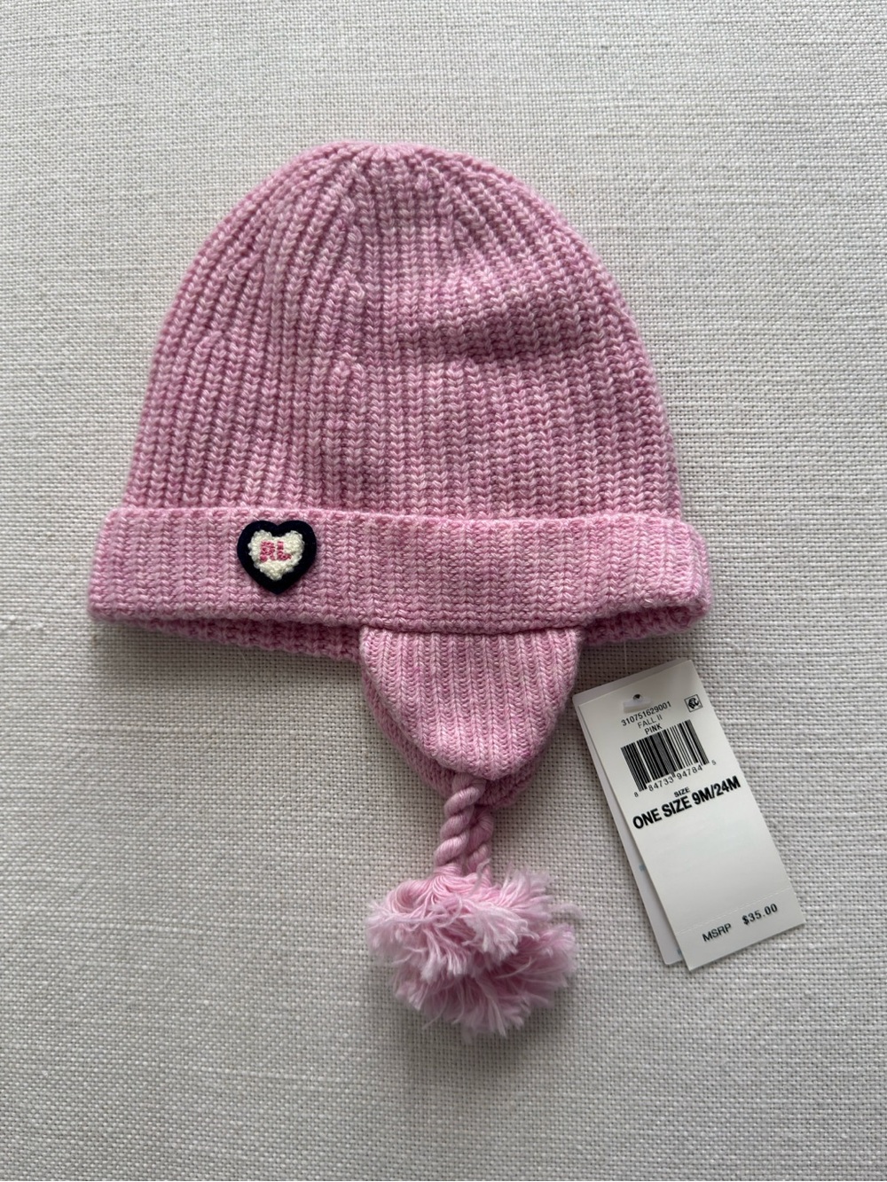 Polo by Ralph Lauren Pink Knit Pom-Pom Earflap Beanie with Heart Patch
